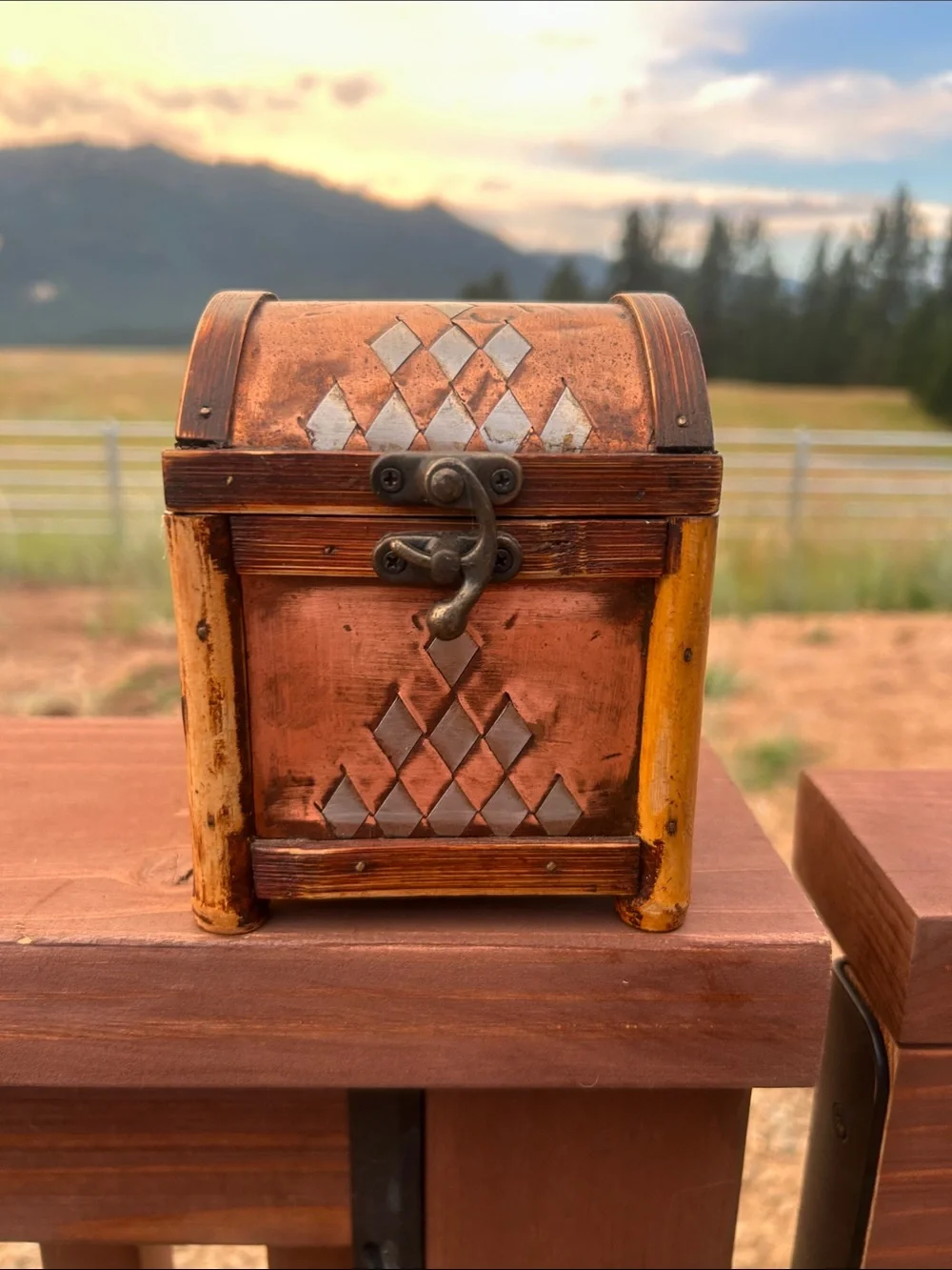 Vintage Bamboo Wood Trinket Box with Copper and Silver-Tone Accents.